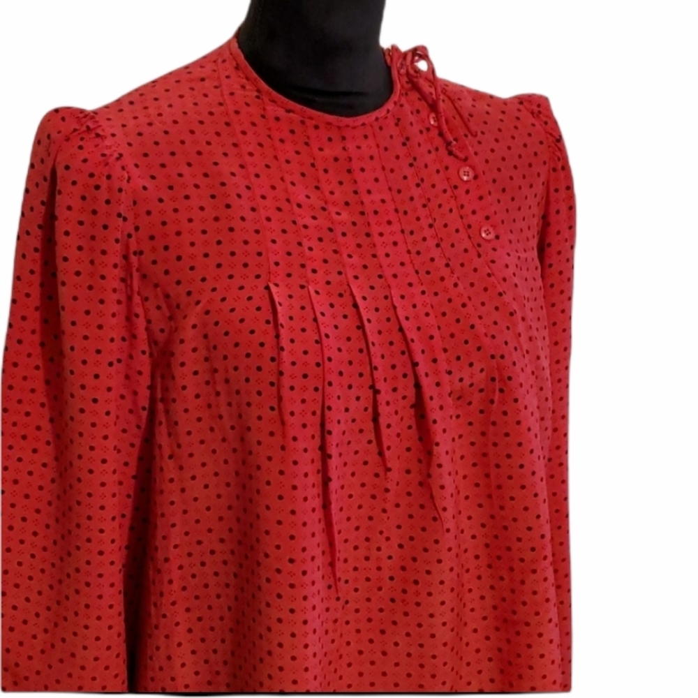 Oscar de la Renta Vintage Silk Polka-dot Puff Sleeve Blouse L